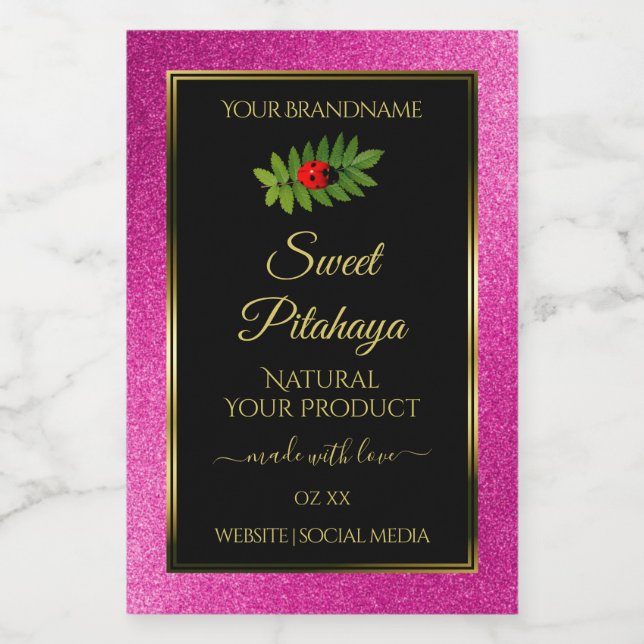 Pink Glitter Black Product Labels Fine Gold Frame (Single Label)