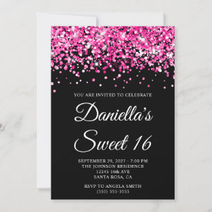 Pink Glitter Black Sweet 16 Invitation