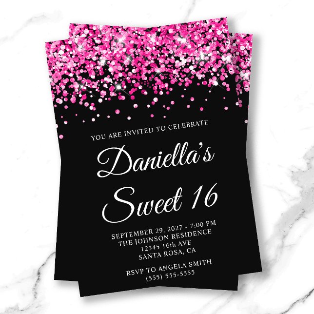 Pink Glitter Black Sweet 16 Invitation (Pink Glitter Black Sweet 16 Invitation)