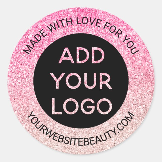 Pink glitter blush sparkles ombre chic logo classic round sticker (Front)