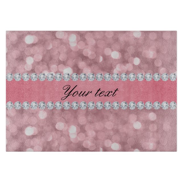 Pink Glitter Bokeh and Diamonds Personalised Cutting Board (Front)