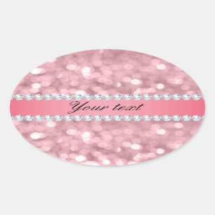 Pink Glitter Bokeh and Diamonds Personalised Oval Sticker