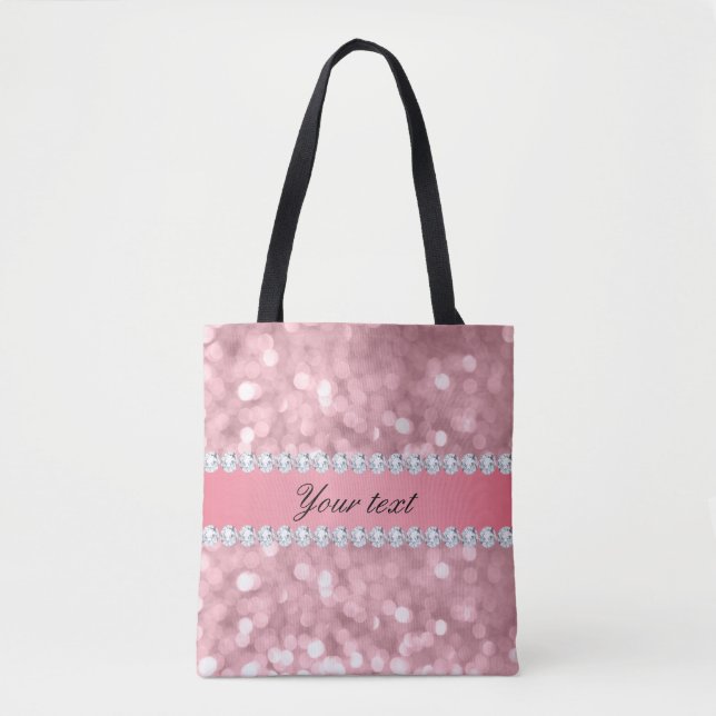 Pink Glitter Bokeh and Diamonds Personalised Tote Bag (Front)