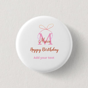Pink glitter bow add name letter monogram birthday 3 cm round badge