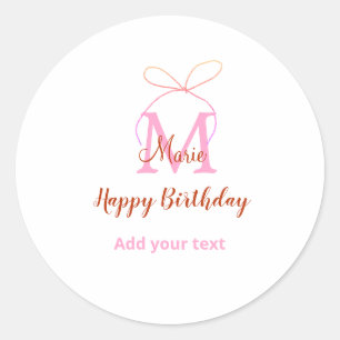 Pink glitter bow add name letter monogram birthday classic round sticker