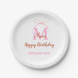 Pink glitter bow add name letter monogram birthday paper plate
