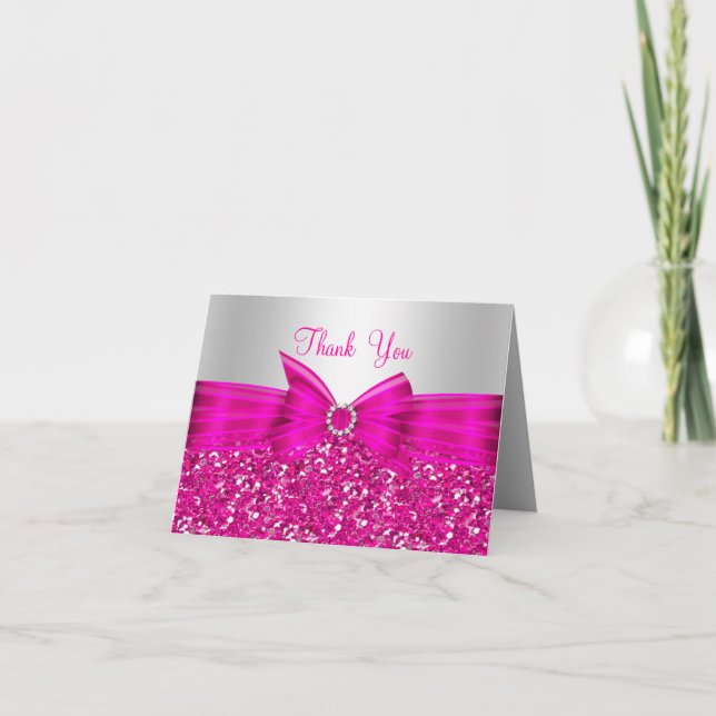 Pink Glitter & Bow Thank You Card (Front)