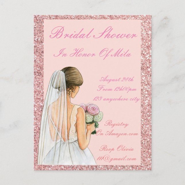 PINK GLITTER BRIDAL SHOWER INVITATION POSTCARD (Front)
