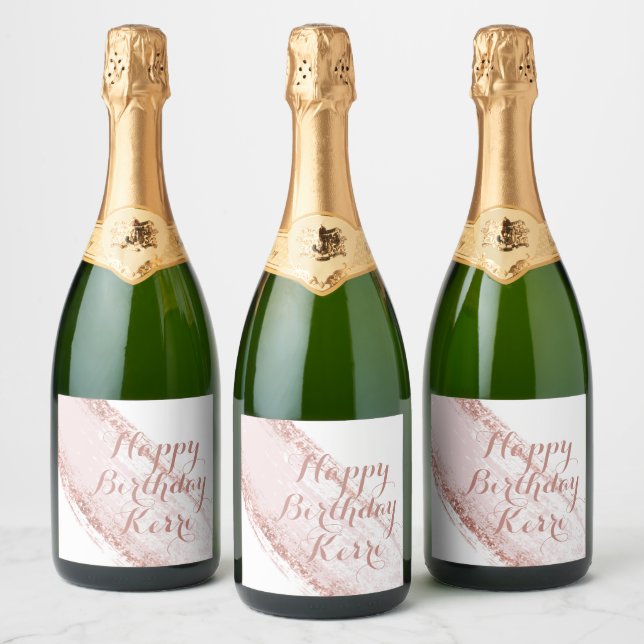 Pink Glitter Brushstroke Custom Birthday Sparkling Wine Label (Bottles)