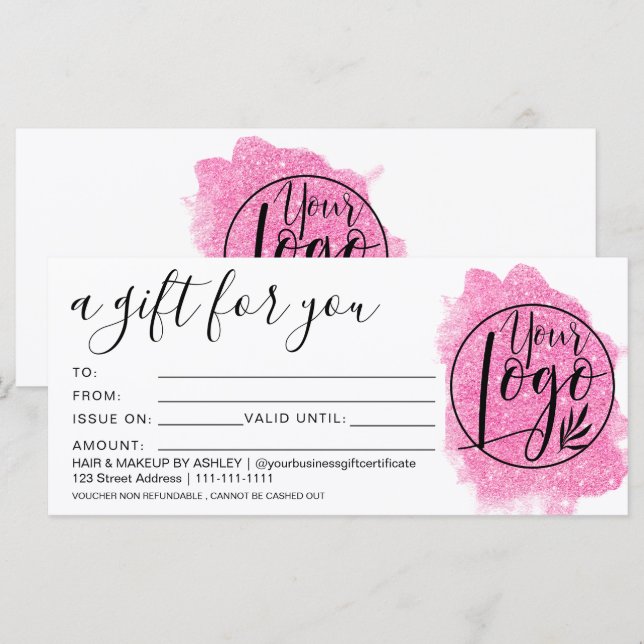 Pink glitter brushstroke gift certificate logo (Front/Back)