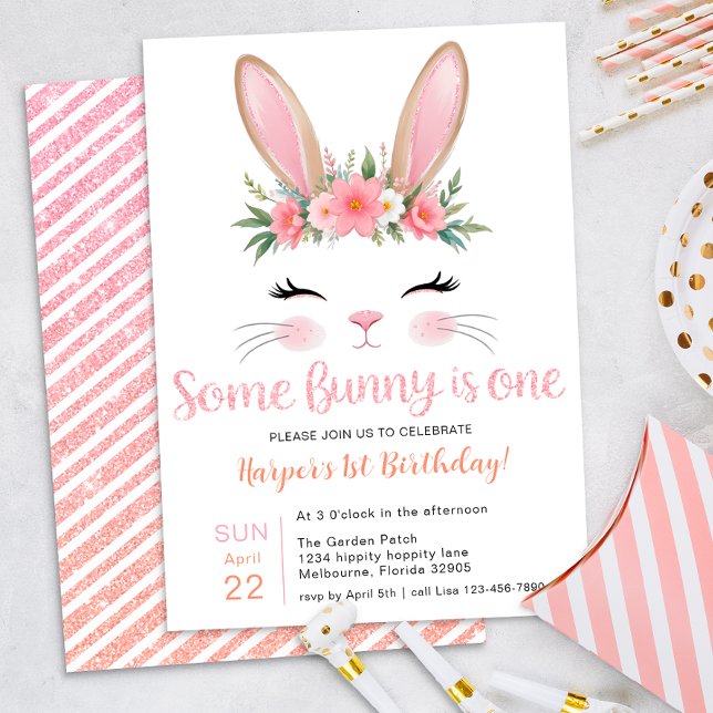 Pink Glitter Bunny Floral First Birthday Invitation (Some Bunny is One Birthday Invite)