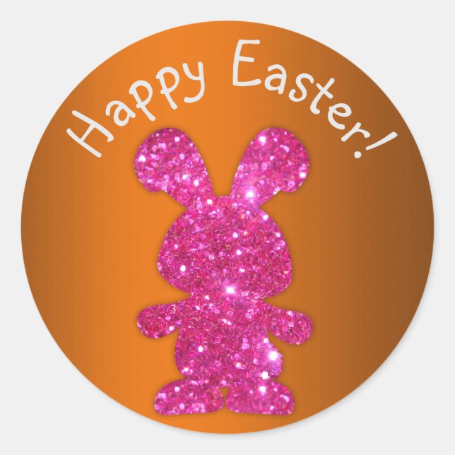 Pink Glitter Bunny Happy Easter Classic Round Sticker (Front)