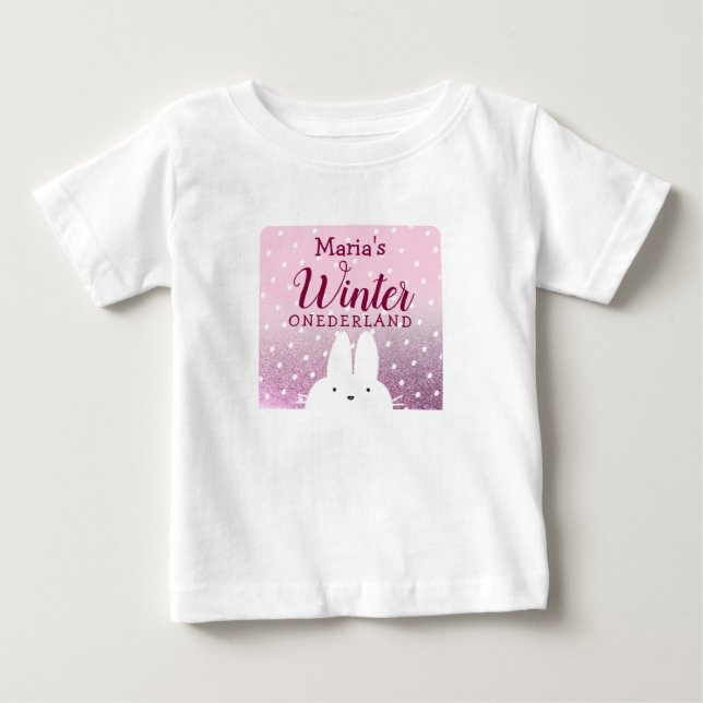 Pink Glitter Bunny Winter Onederland Baby T-Shirt (Front)