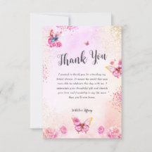 Pink Glitter Butterflies Bridal Shower Thank You