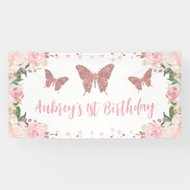 Pink glitter Butterfly Birthday Backdrop Banner (Horizontal)