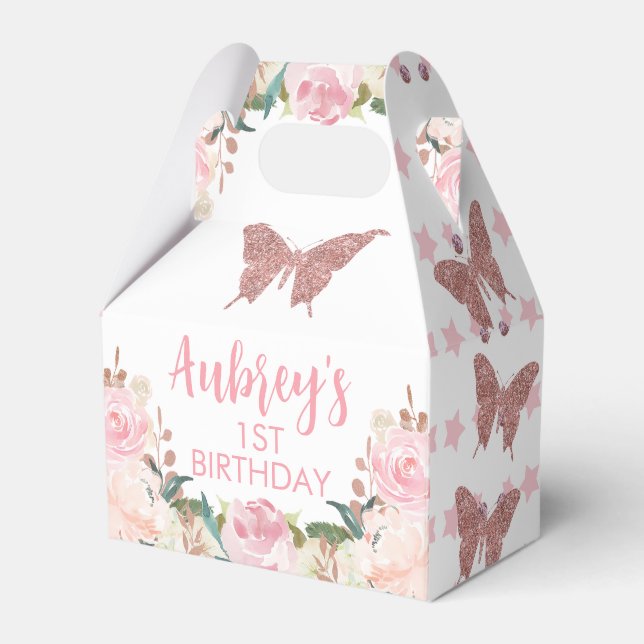 Pink Glitter Butterfly Birthday Gable Favor Box (Front Side)