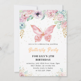 Pink glitter butterfly Birthday invitation 2025