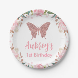Pink glitter Butterfly Birthday Paper Plate