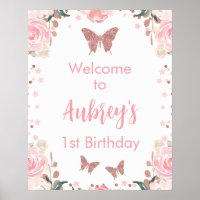 Pink Glitter Butterfly Birthday Welcome Poster