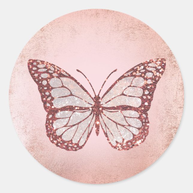 pink glitter butterfly classic round sticker (Front)
