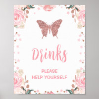 Pink Glitter Butterfly Drink Birthday Party Sign