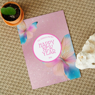 Pink Glitter butterfly new year Greetings  Holiday Card