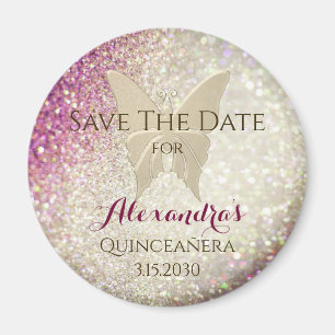 Pink Glitter Butterfly Quinceañera Magnet