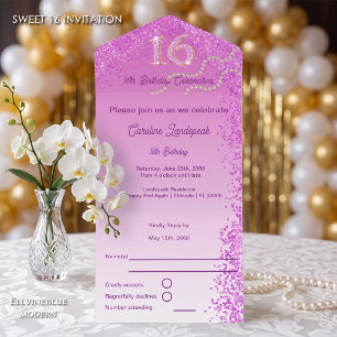 Pink Glitter Calligraphy Number Sweet 16 All In One Invitation