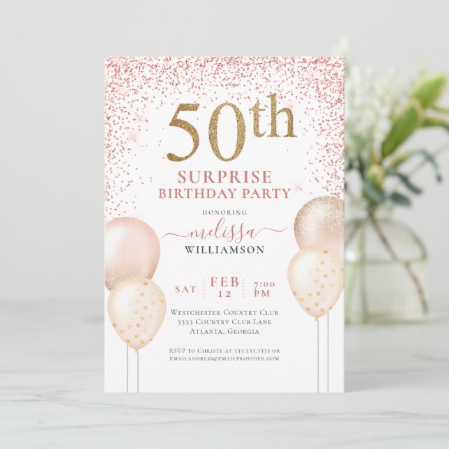 Pink Glitter Calligraphy Surprise 50th Birthday Invitation (Standing Front)