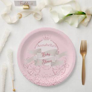 Pink Glitter Carriage Fairy Tale Baby Shower Paper Plate