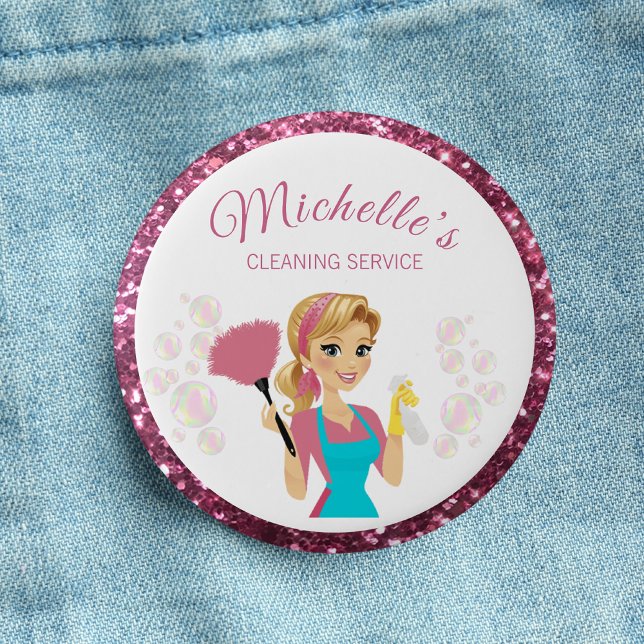 Pink Glitter Cartoon Maid House Cleaning Service 3 Cm Round Badge (Creator Uploaded)