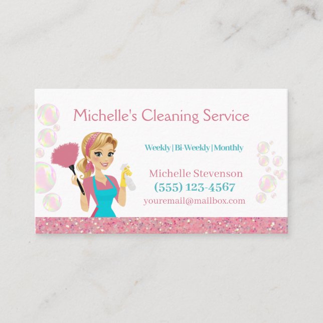 Pink Glitter Cartoon Maid House Cleaning Service Business Card (Front)