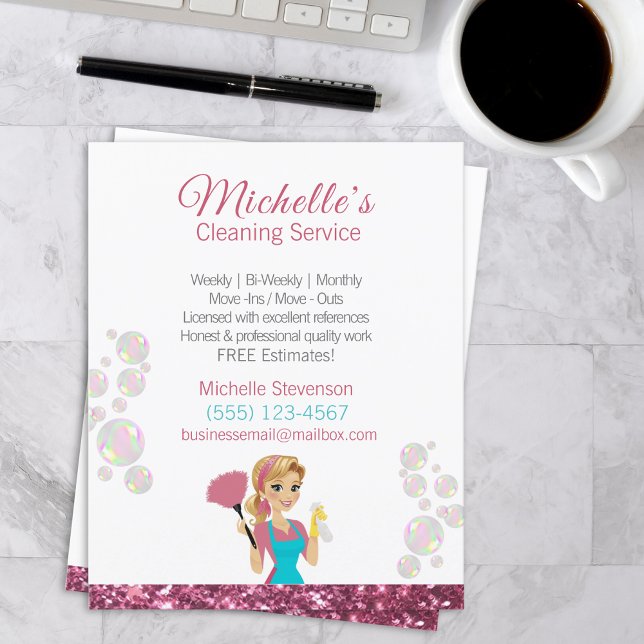 Pink Glitter Cartoon Maid House Cleaning Service Flyer (Creator Uploaded)