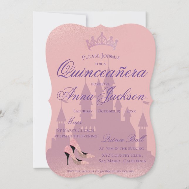 Pink Glitter Castle Quinceanera Party Invite (Front)