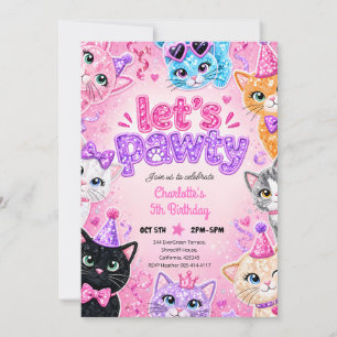 Pink Glitter Cat Pawty 5th Birthday Invitation