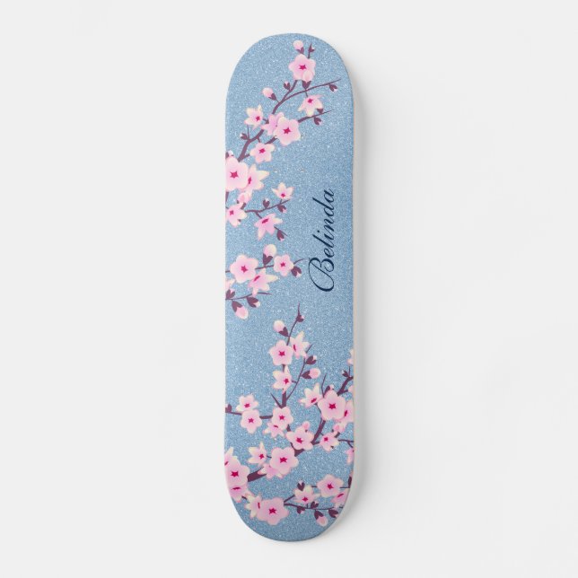 Pink Glitter Cherry Blossom Monogram Girly Skateboard (Front)