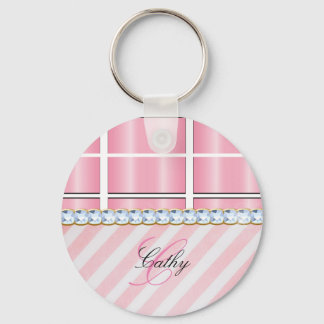 Pink Glitter Chevron Plaid Rhinestones Personalise Key Ring