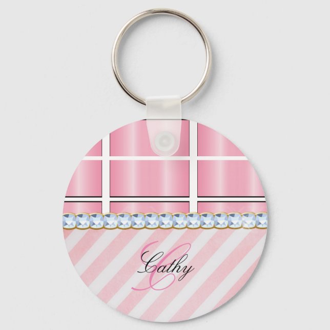 Pink Glitter Chevron Plaid Rhinestones Personalise Key Ring (Front)