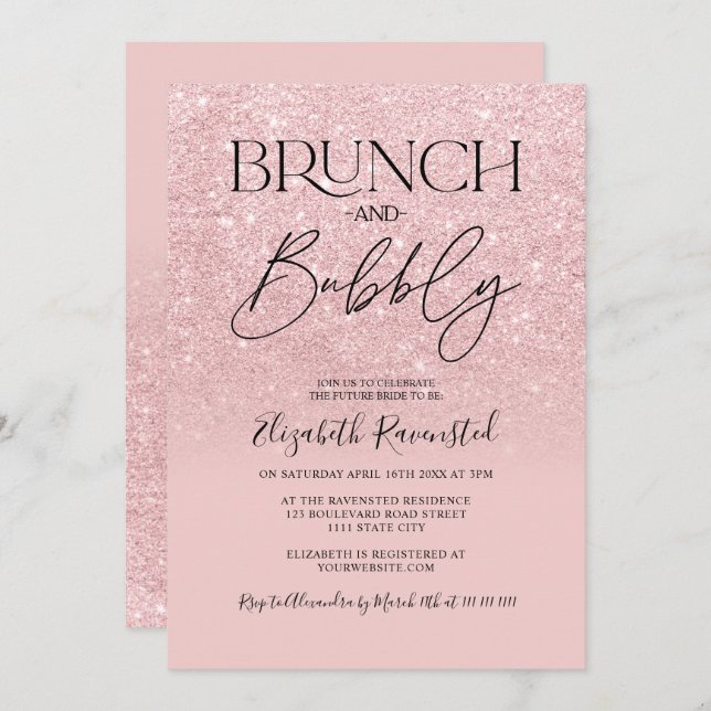 Pink glitter chic brunch bubbly bridal shower invitation (Front/Back)