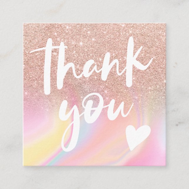 pink glitter chic rainbow marble pastel thank you square business card (Front)