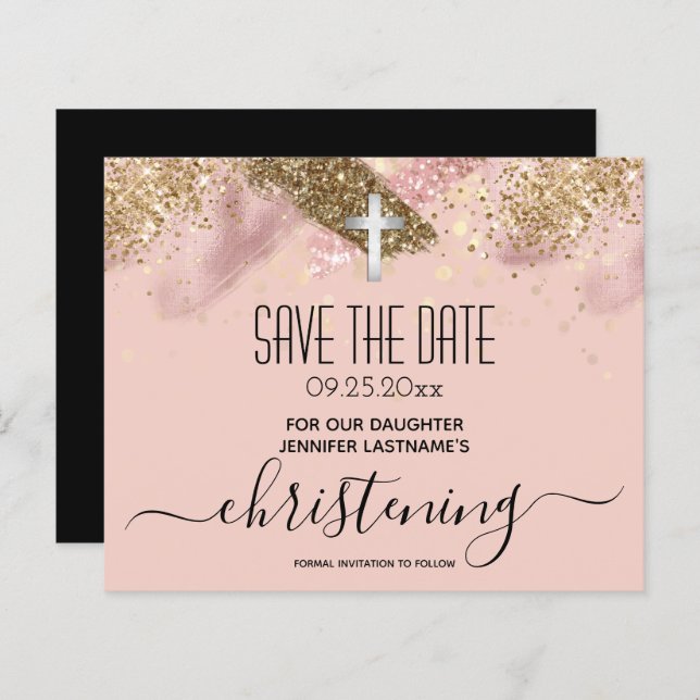 Pink Glitter Christening Save the Date Budget (Front/Back)