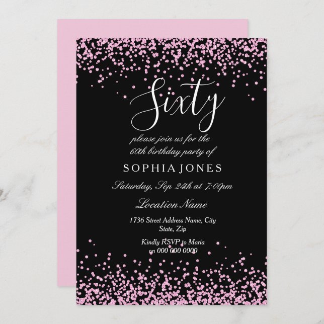 Pink Glitter Confetti Black 60th birthday party Invitation (Front/Back)
