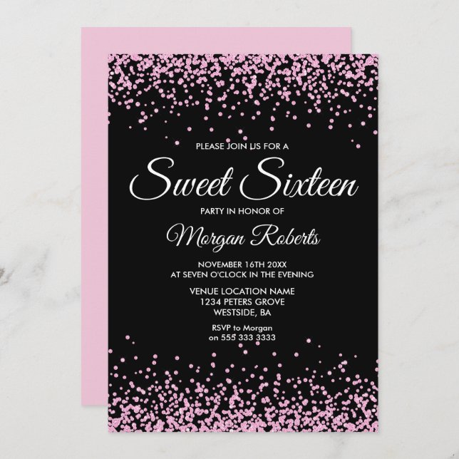 Pink Glitter Confetti Black Sweet 16 Invite (Front/Back)