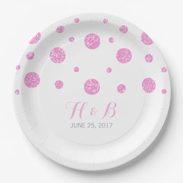 Pink Glitter Confetti Wedding Paper Plates (Front)