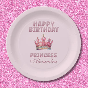 Pink Glitter Crown Princess Fairytale Birthday Paper Plate