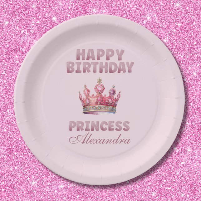 Pink Glitter Crown Princess Fairytale Birthday Paper Plate (Creator Uploaded)