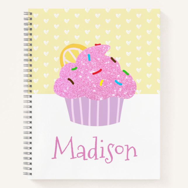 Pink Glitter Cupcake on Yellow White Hearts Name Notebook (Front)