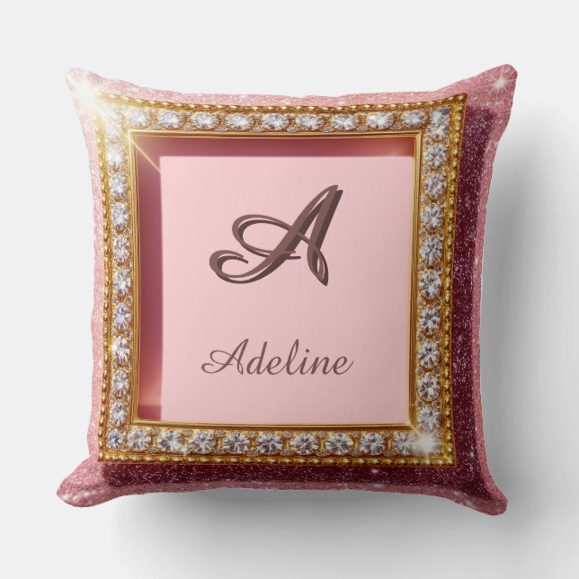 Pink Glitter Custom name Monogram Cushion (Front)