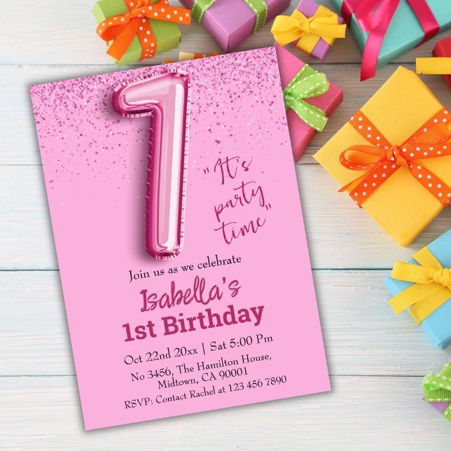 Pink glitter cute balloon no.1 girly 1st birthday invitation (Creator Uploaded)