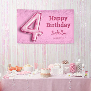 Pink glitter cute balloon no.4 girly 4th birthday banner